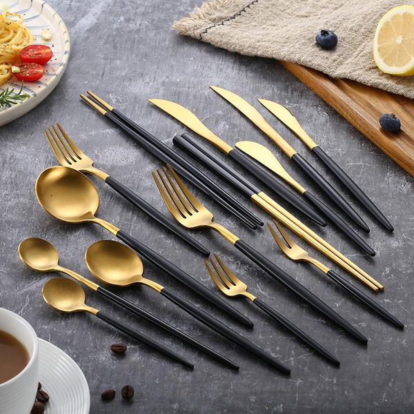 

dinnerware sets black gold cutlery set stainless steel silverware tableware dinner spoon fork knife chopsticks drop