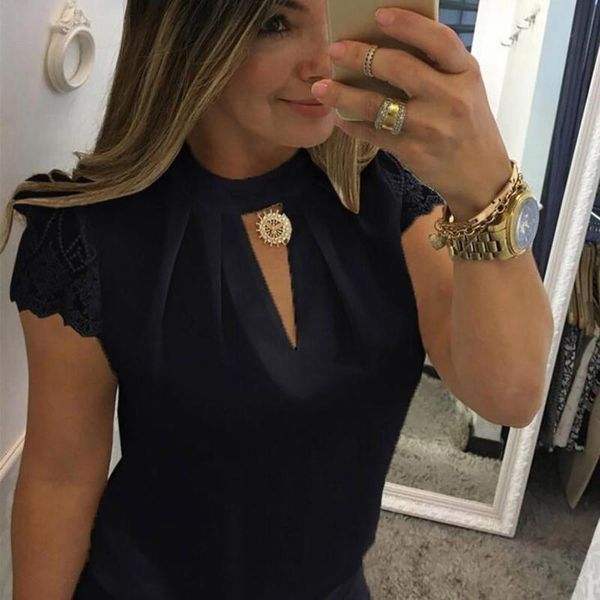 

women's blouses & shirts elegant lace blouse v-neck casual solid loose short sleeve patchwork vintage blusas mujer @40, White