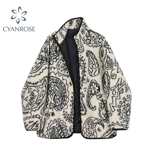 

autumn winter warm vintage print sheepskin coat jacket zipper women casual harajuku oversize thick lambswool jacket female 210417, Black;brown
