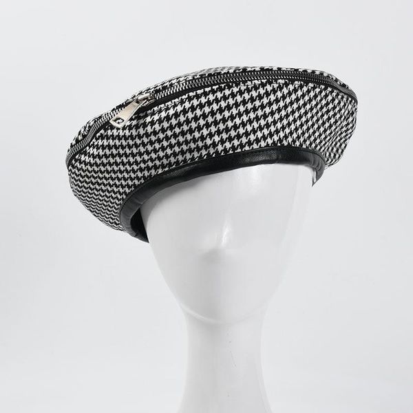 

berets fashion ins zipper beret for women houndstooth ladies wedding hat trendy leather edging painter wholesale, Blue;gray