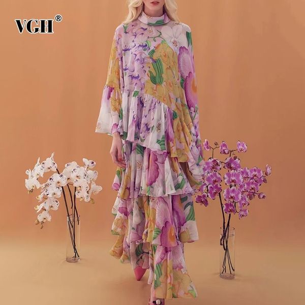 

elegant irregular print floral dress for women stand collar flare long sleeve patchwork ruffle loose maxi dresses female 210507, Black;gray