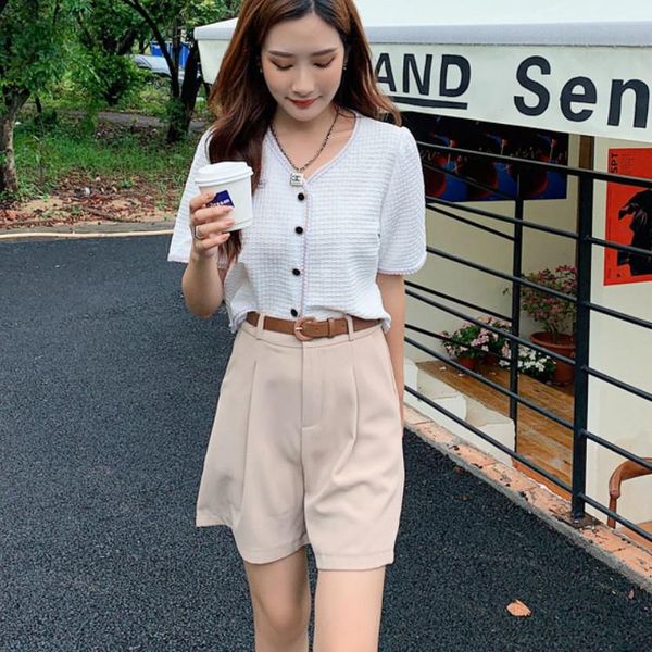 

women's tracksuits 2021 summer two piece set women fashion white v-neck short sleeve shirt + high waist shorts pieces suit, Gray