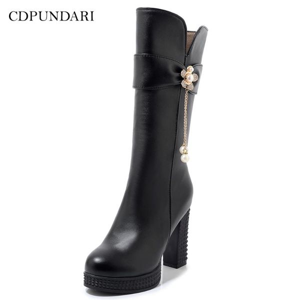 

boots cdpundari round toe super high heels calf for women platforms ladies winter shoes woman black white