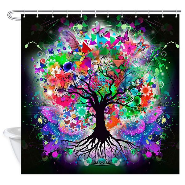

psychedelic mystical life tree shower curtains, spring colorful trippy fantastic fairy tree of life flower butterfly in black
