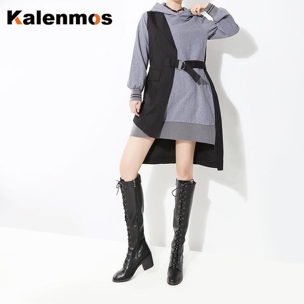 

casual dresses women dress korean japan hooded fake two piece long sleeve asymmetrical lace-up feminino elegant autumn winter vestidos, Black;gray