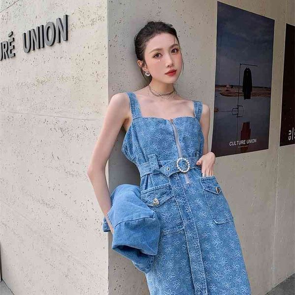 

casual dresses blue denim tank summer suspender backless lace up kawaii mini sleeveless squae neck jean women 2021 vm67, Black;gray