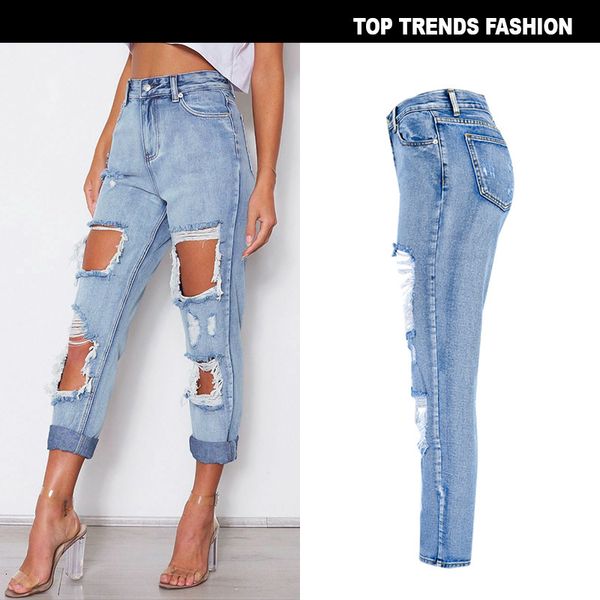 

women's jeans women casual high waist hole ripped destroy pants zfeq, Blue