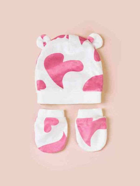 

baby heart print hat & gloves she01, Yellow