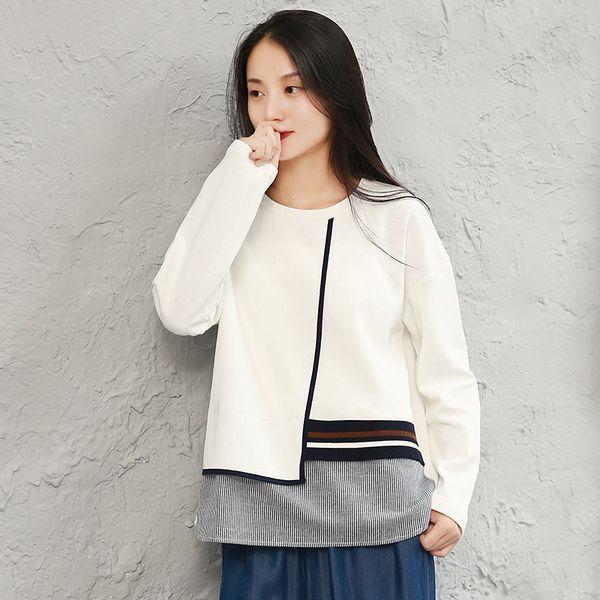 

women's t-shirt women clothes 2021 new autumn t shirt casual striped o-neck full sleeve patchwork loose concise tshirt xtnu, White