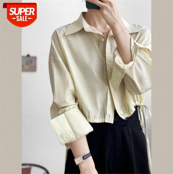 

zhi chenxi [ordering meeting] early korean short morandi color lapel drawstring shirt female 709 #kl4e, Black;gray