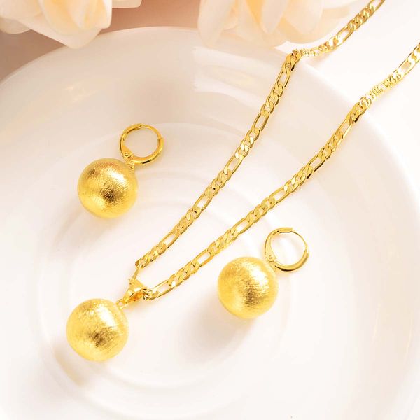

pendant earrings sets women round ball figaro chain link necklace jewelry solid 14 k fine gold g/f bead circle sphere, Silver