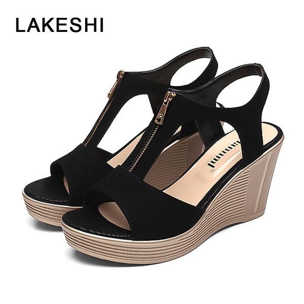 

women sandals plus size 43 wedge platform summer shoes peep toe ladies 2021 famale classic sandal heels, Black