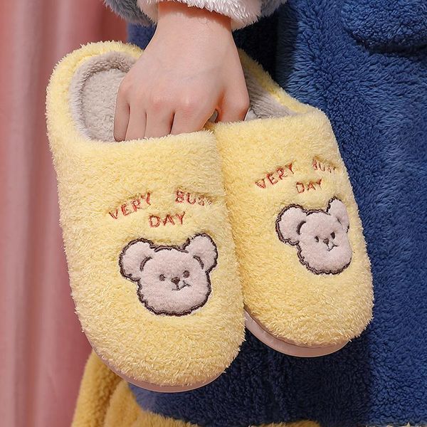 

slippers 2021 women indoor warm plush home slipper cartoon anti slip autumn winter shoes soft slient slides fur, Black