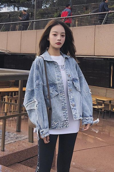 

women's jackets style loose tassel denim jacket with broken holes 5i47, Black;brown