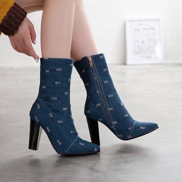 

boots blxqpyt winter autumn ankle women 2021 denim pointed toe zip high heels10cm pumps party wedding shoes size 33-50 t617, Black