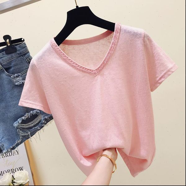 

korea white pink blue summer women v neck thin tee short sleeve fashion