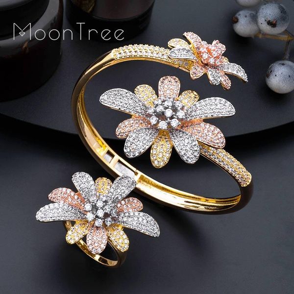 

earrings & necklace modemangel blossom flower bangle and ring full micro cubic zirconia 3 tone copper women wedding gift, Silver