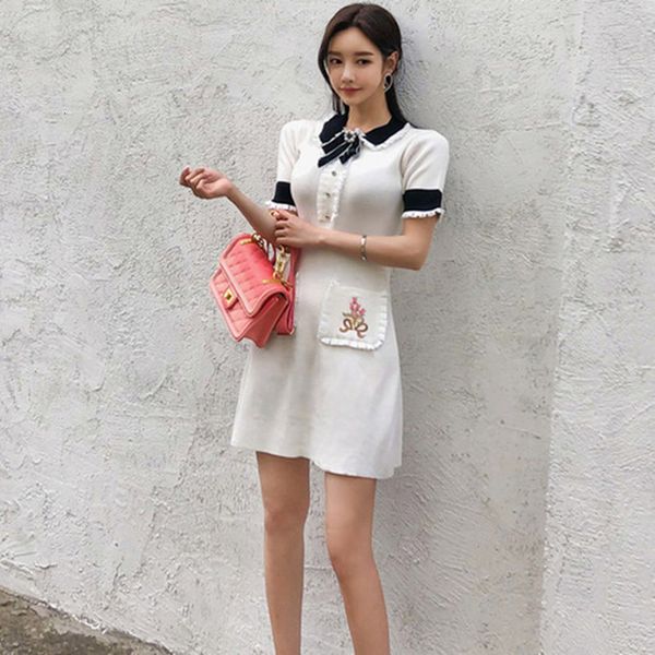 

casual dresses women sweater retro beading pearls bow ribbon knitted patchwork embroidery short sleeve vea2, Black;gray