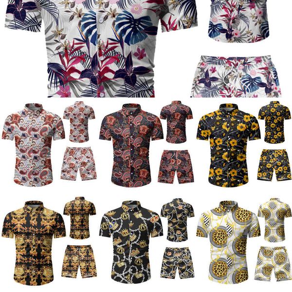 Herren Set Casual Anzug Herren Hawaiian Strand Sommer Sets 2020 Marke Kleidung Drehen-unten Kragen Business Tops Shirts + Shorts Mode X0610