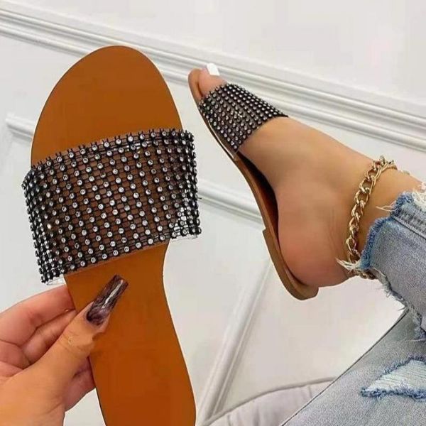 

women's slippers rhinestone summer flat bling female slip on plus size 2021 zapatillas mujer casa flip flop sapato feminino, Black
