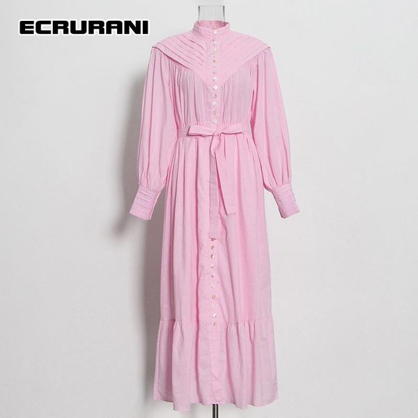 

casual dresses ecrurani lace up dress for women stand collar long sleeve high waist patchwork elegant maxi female 2021 style, Black;gray