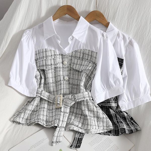 

women's polos puff sleeve lapel stitching contrast color fake two-piece plaid shirt summer korean style buttoned temperament top, White