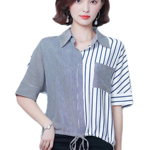 

korean striped blouse women summer short sleeve loose kimono shirts casual plus size 4xl blouses camisas mujer women's &, White