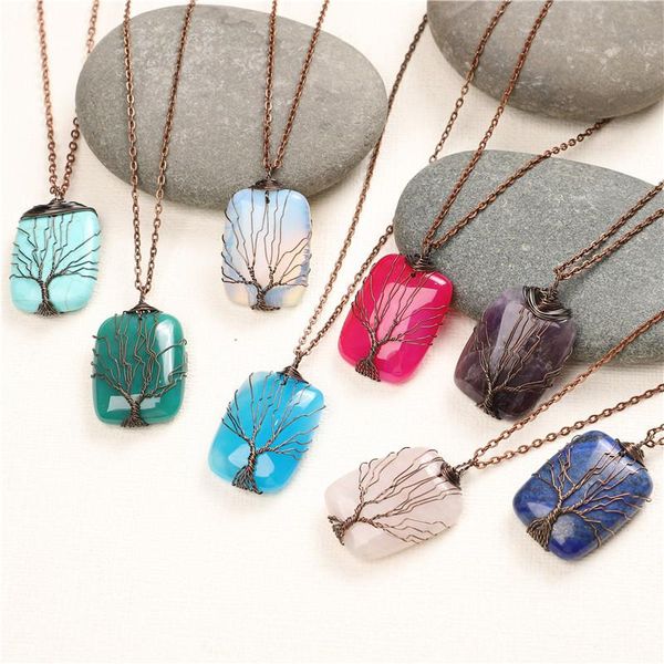 

pendant necklaces tree of life natural stone for women water drop shaped crystal quartz opal copper necklace charms jewelry gift, Silver