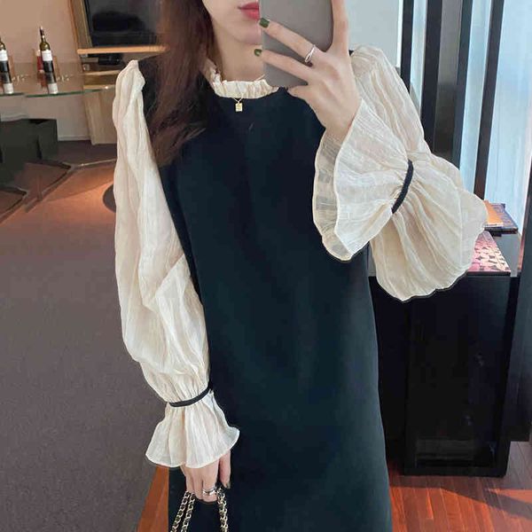 

matakawa stand collar stringy selvedge short woman dress loose splicing fold perspective femme robe korea flared sleeve vestidos 210513, Black;gray