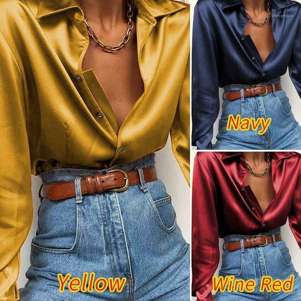 

celmia office blusas women 2021 autumn fashion long sleeve slik satin blouse lapel buttons shirts elegant tunic solid women's blouses, White
