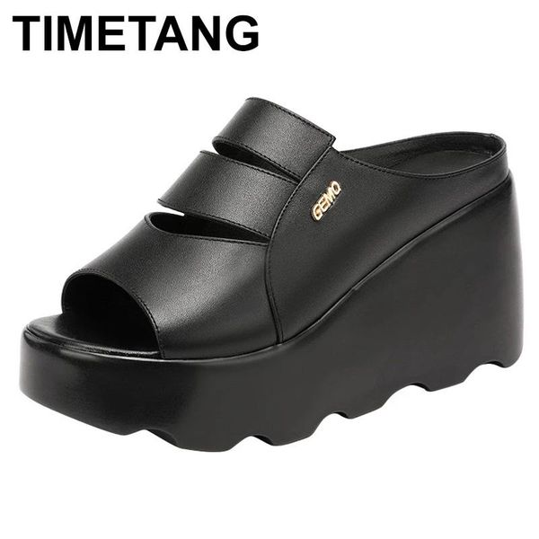

timetangbig size fashion 2021women slippers high heels cutout split leather shoes female platform wedge soft bottom red, Black