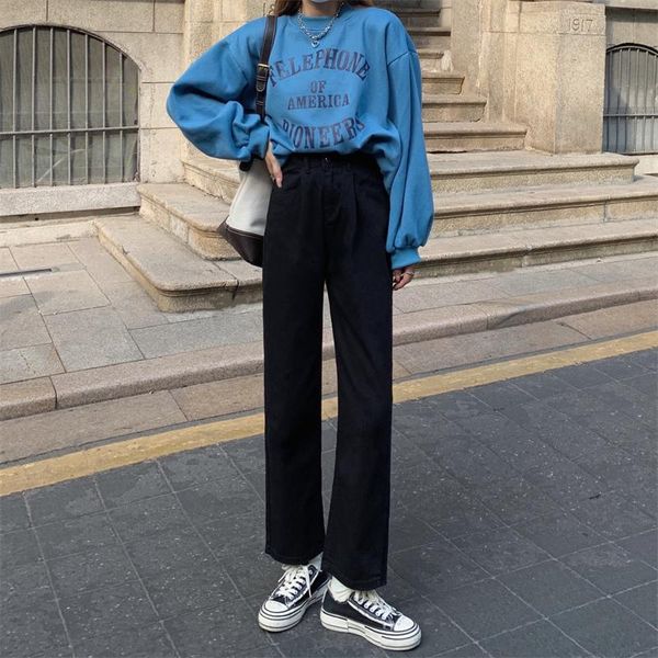 

women's jeans dd0175 high-waisted straight black denim trousers, Blue