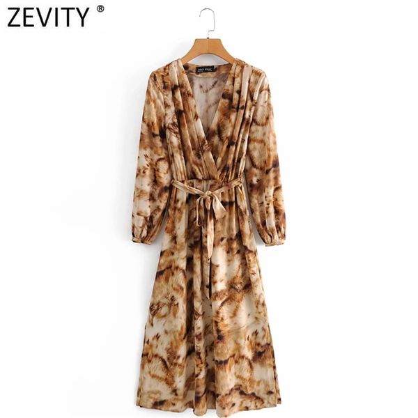 

women vintage press v neck animal tie dye printing casual slim midi dress female chic bow sashes split vestido ds4754 210420, Black;gray