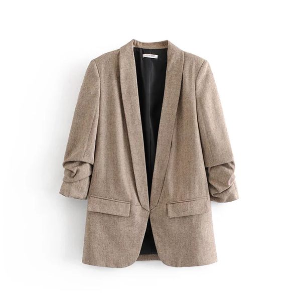 Outono Inverno Casual Khaki Blazer Mulheres Roll Manga Herringbone Fashion Jacket Feminino V-Pescoço Escritório Senhora Blazers Mujer 210421