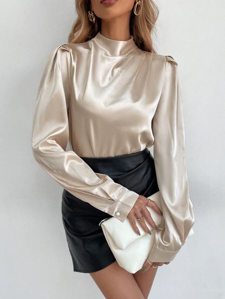 

stand neck fold pleated satin blouse 14ox#, White