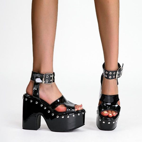 

dress shoes jedragon thick-heel waterproof platform thick-soled patent leather rivet fish mouth sandals with roman style wedge sandal, Black