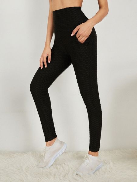 

honeycomb textured high waist leggings m79x#, Black