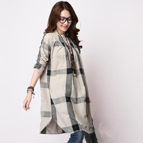 

women's blouses & shirts #2838 spring autumn cotton linen long for women sleeves casual vintage plaid femme retro shirt, White