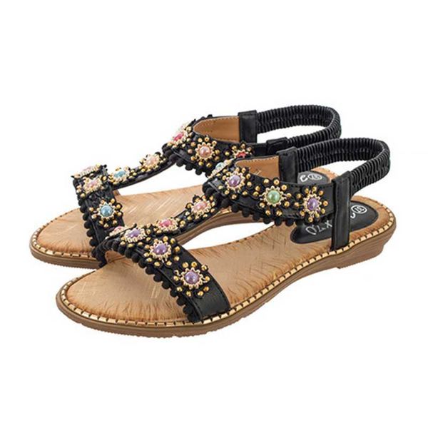 

sandals bohemian summer shoes sweet womens flowers flat rhinestones casual flats plus size 36-42 sandalias, Black