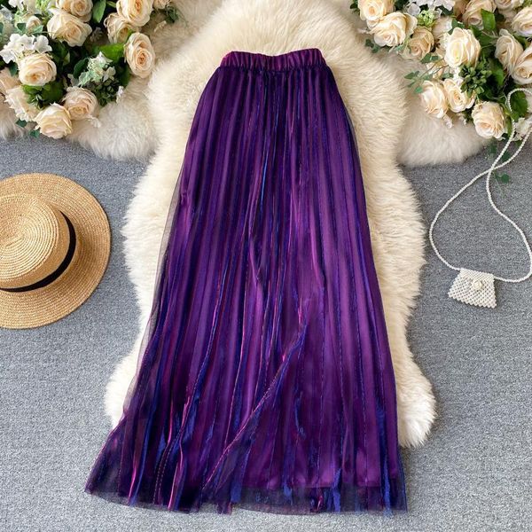 

skirts chic shiny purple long skirt women korean fashion high waist a-line autumn casual loose streetwear pleated, Black