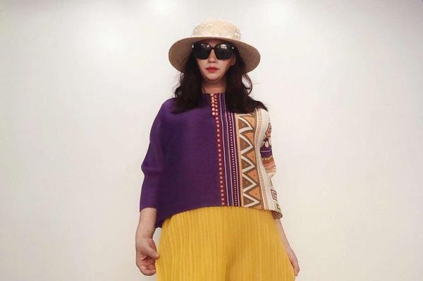 

knits miyake folk-custom batwing sleeve o-neck fold buttons stripe t-shirt, White