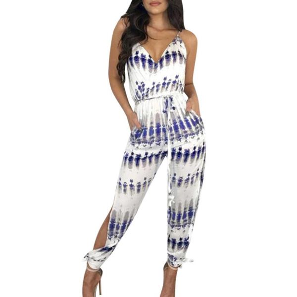 

women's jumpsuits & rompers fashion spaghetti strap jumpsuit summer tie dye print slit leg lace up, Black;white