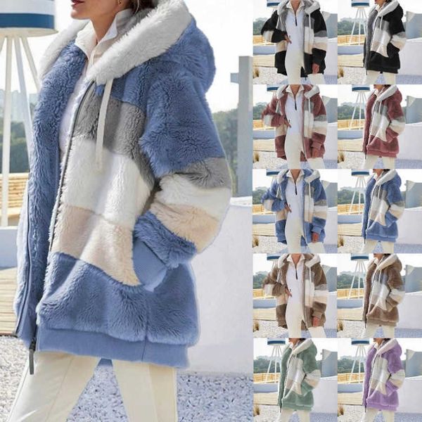 

fall and winter 2021 warm plush patchwork zipper pocket hooded loose jacket for women, Black