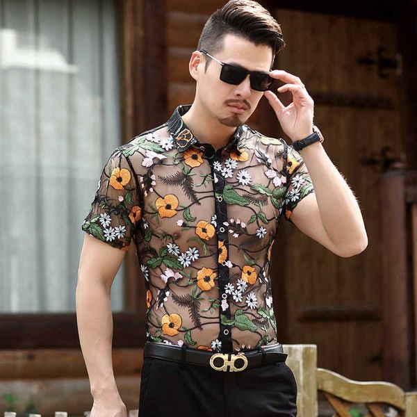 

luxury floral lace shirt men embroidery transparent mens short sleeve dress shirts see trough club party prom social shirt 210527, White;black