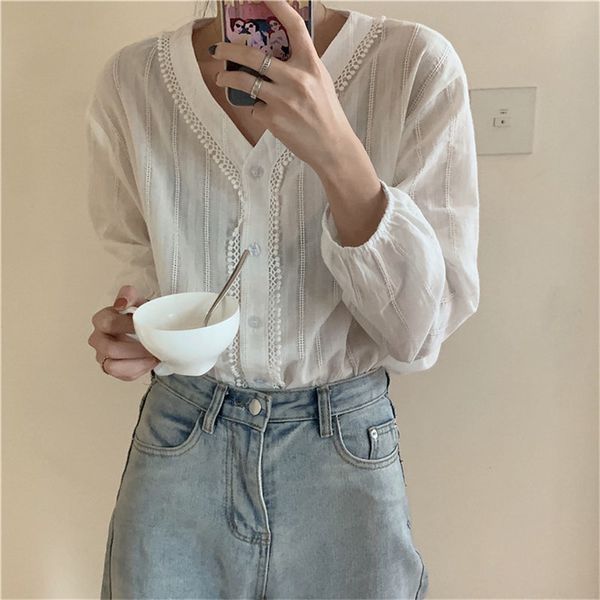 

autumn sweet v-neck loose lace puff sleeves white female fresh prairie chic all match simple casual shirts 210421