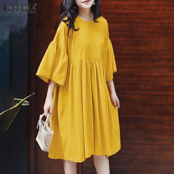 

casual dresses fashion women o neck flare sleeve sundress zanzea summer party holiday vestidos kaftan robe 2021 solid loose midi dress, Black;gray