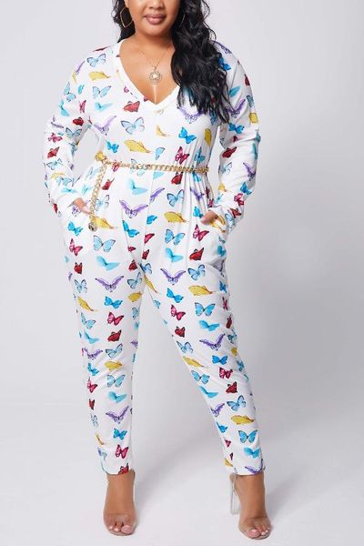 

gym clothing 2021 fashion plus-size women holiday style jumpsuits long sleeve deep v printed pocekts pants, White;black