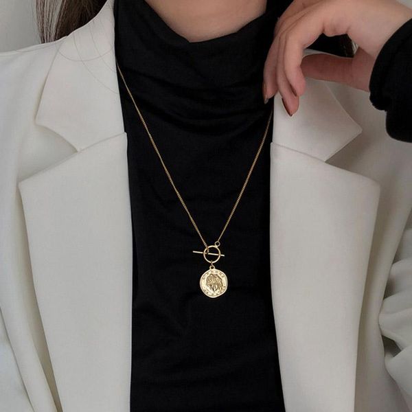 

pendant necklaces vintage korean style round figure coin necklace for women elegant geometric clavicle jewelry gift yn1677, Silver