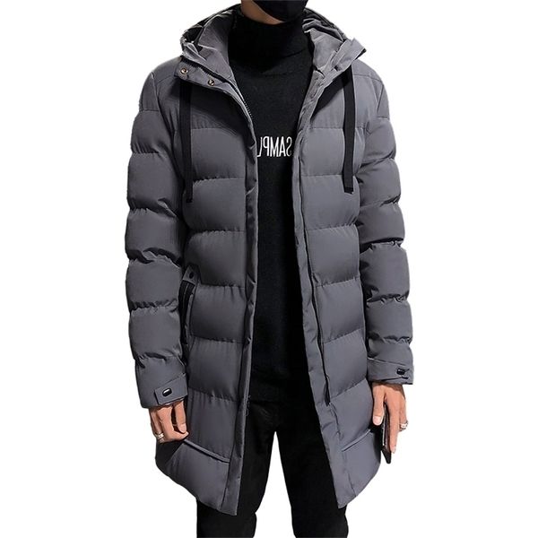 Erkekler Kış Ceket Sıcak Kapüşonlu Katı Adam Ceketler Ve Mont Dış Giyim Rüzgarlık Erkek Uzun Parka Paltolar Artı Boyutu Siyah Gri 4XL 211126
