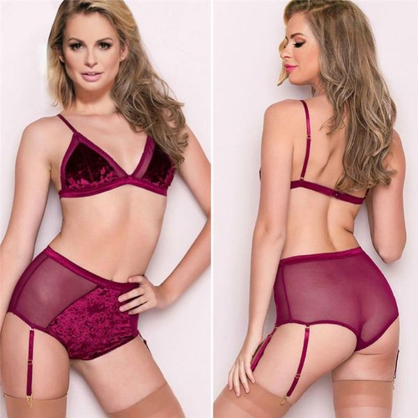 

bras sets women's plus size ruby red soft velvet adjustable bra high waisted garter set pour femmes sujetadores para mujeres d4, Red;black